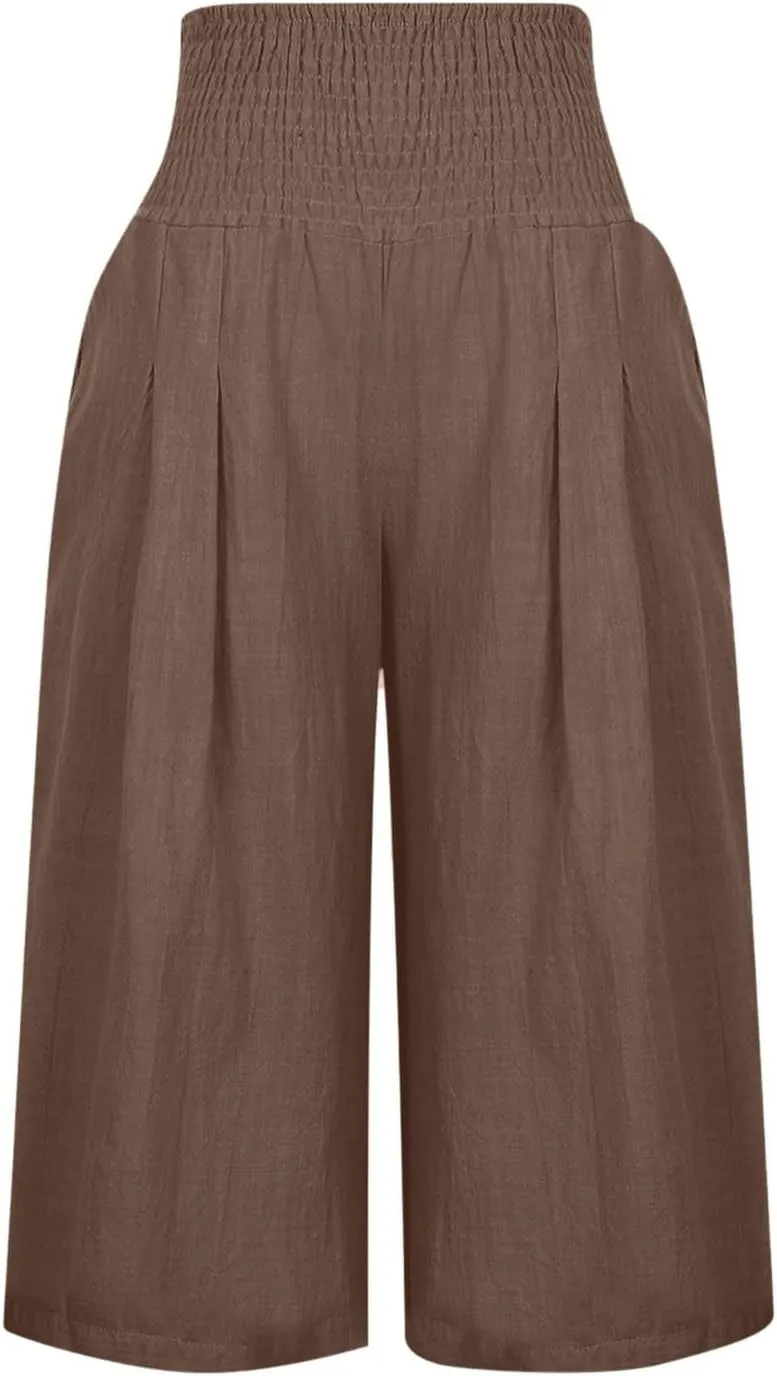Linen Capri Pants for Women Elastic High Waisted Wide Leg Pant Baggy Lightweight Casual Summer Trendy Palazzo Trouser