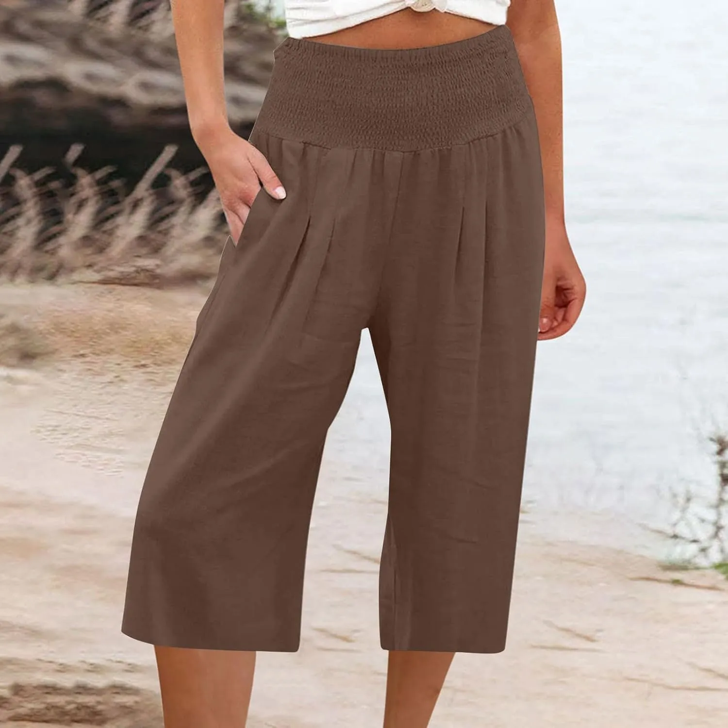 Linen Capri Pants for Women Elastic High Waisted Wide Leg Pant Baggy Lightweight Casual Summer Trendy Palazzo Trouser