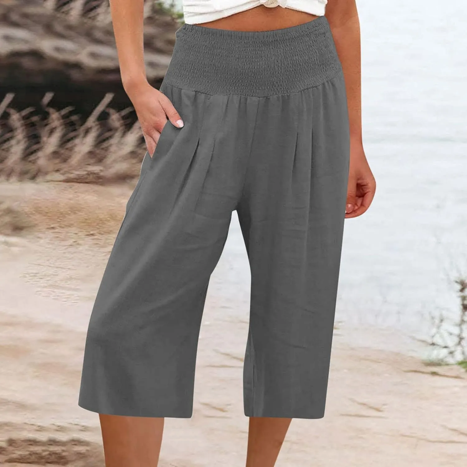 Linen Capri Pants for Women Elastic High Waisted Wide Leg Pant Baggy Lightweight Casual Summer Trendy Palazzo Trouser
