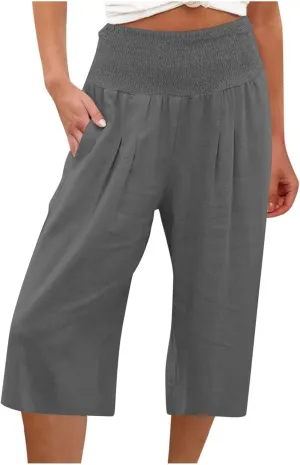 Linen Capri Pants for Women Elastic High Waisted Wide Leg Pant Baggy Lightweight Casual Summer Trendy Palazzo Trouser