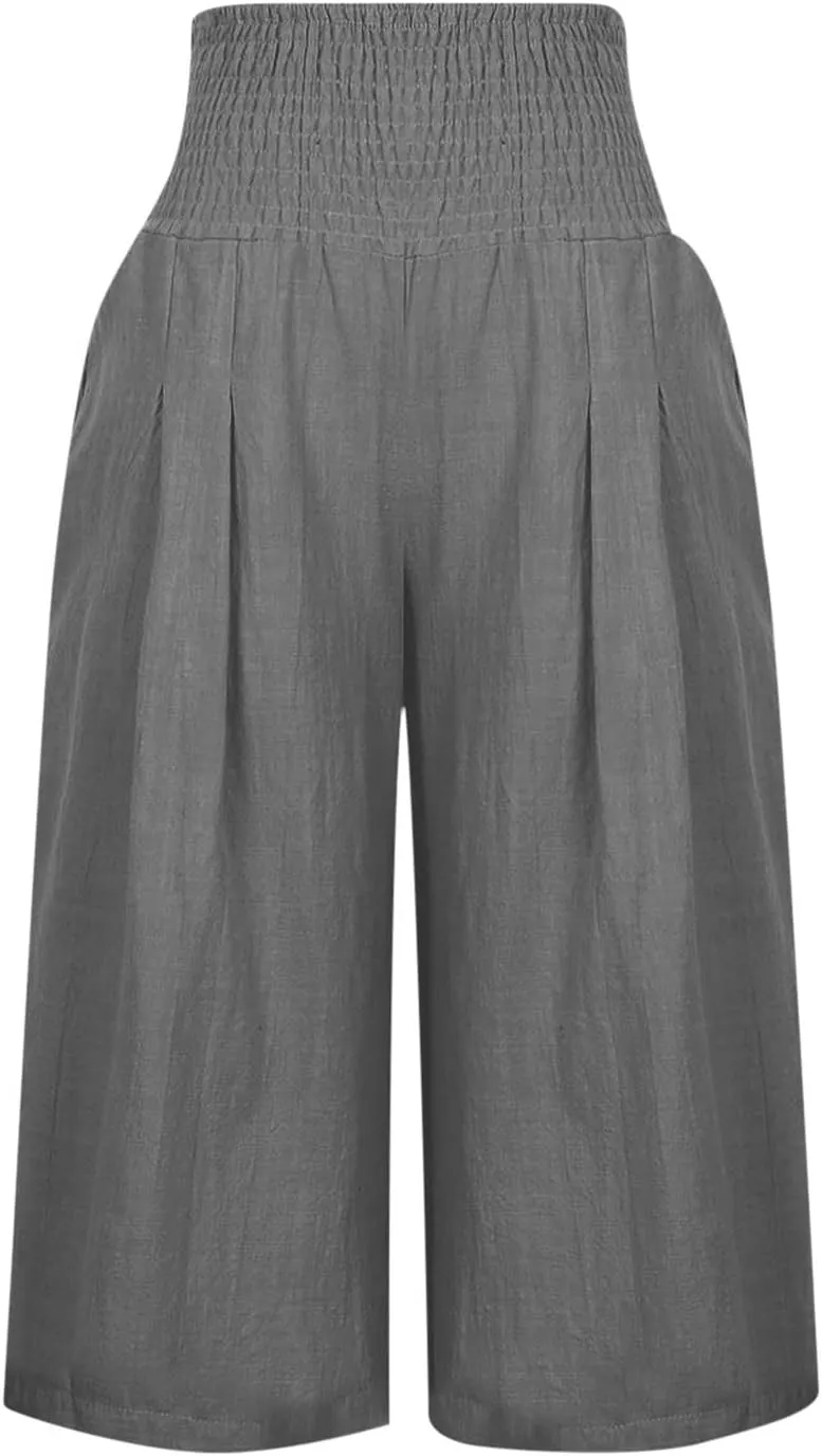 Linen Capri Pants for Women Elastic High Waisted Wide Leg Pant Baggy Lightweight Casual Summer Trendy Palazzo Trouser