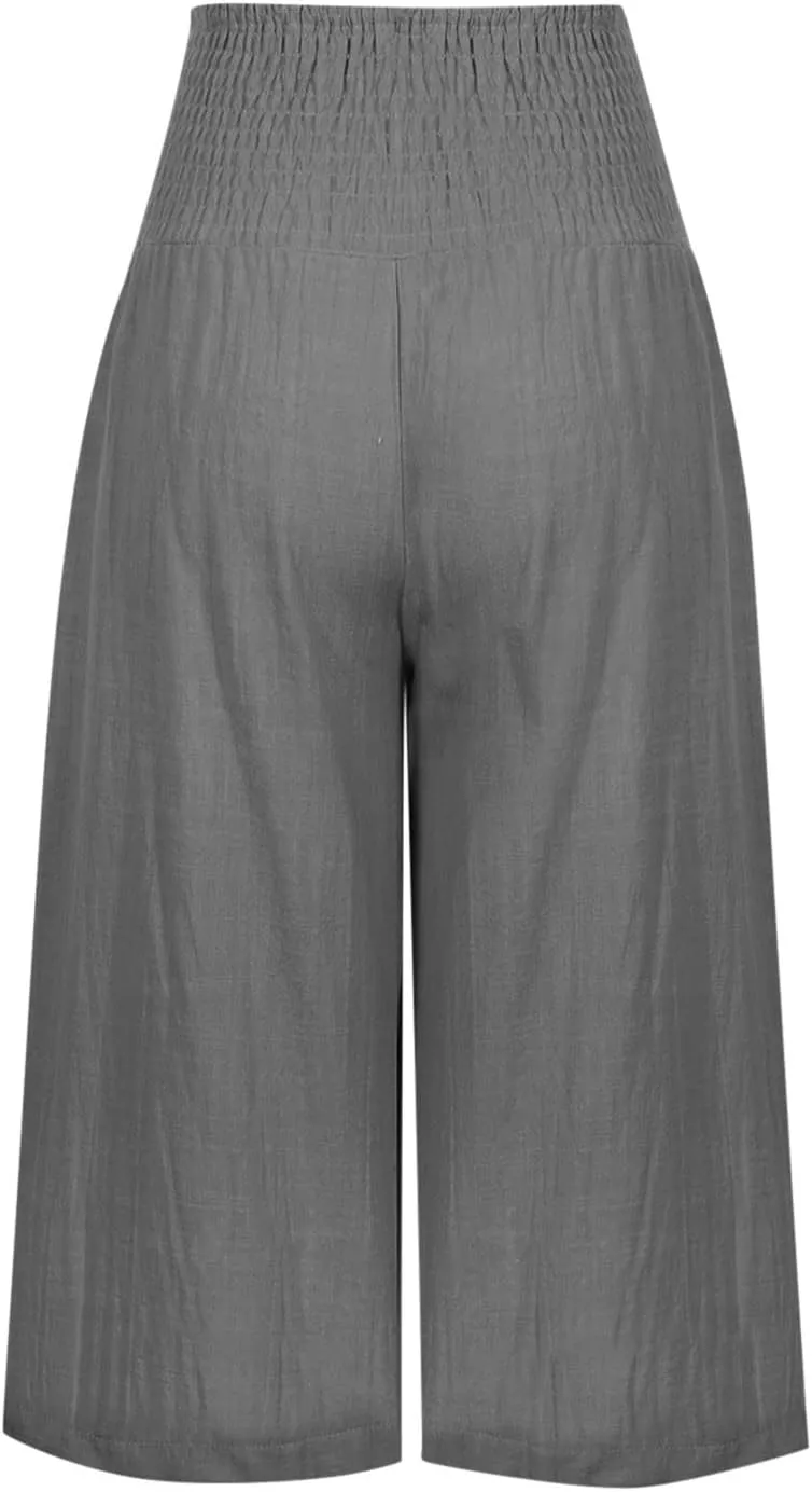 Linen Capri Pants for Women Elastic High Waisted Wide Leg Pant Baggy Lightweight Casual Summer Trendy Palazzo Trouser