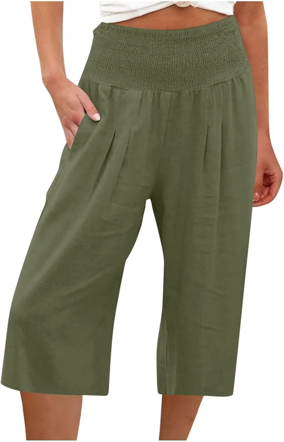 Linen Capri Pants for Women Elastic High Waisted Wide Leg Pant Baggy Lightweight Casual Summer Trendy Palazzo Trouser