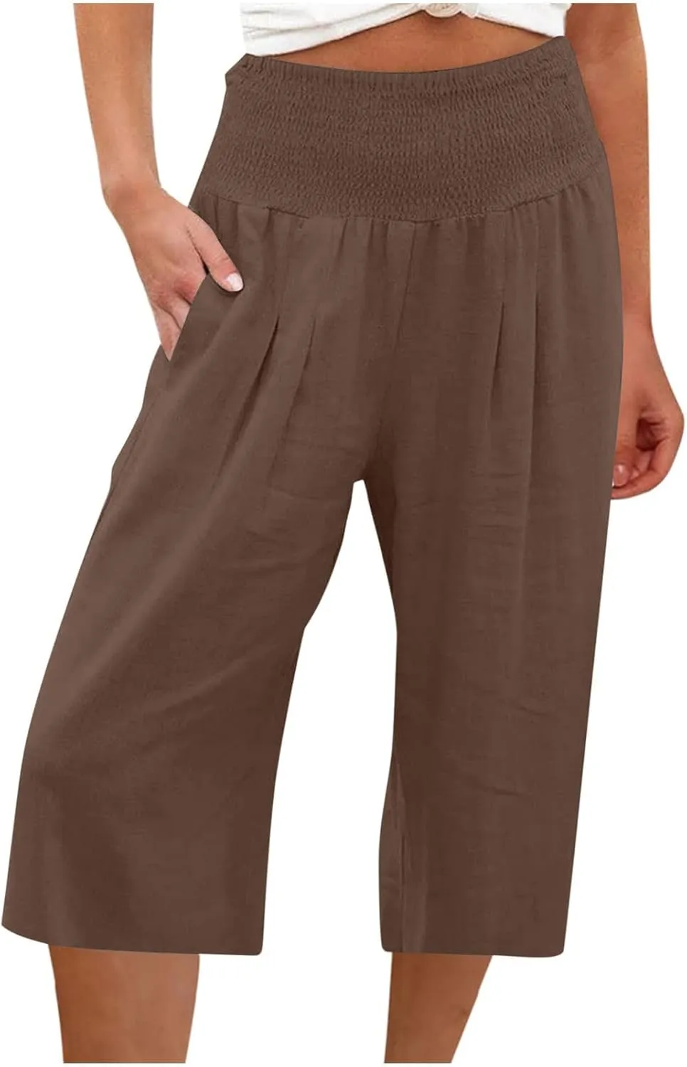 Linen Capri Pants for Women Elastic High Waisted Wide Leg Pant Baggy Lightweight Casual Summer Trendy Palazzo Trouser