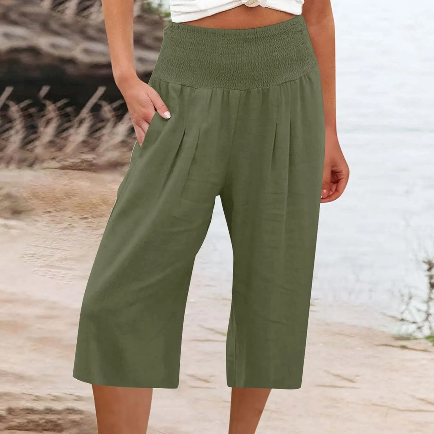 Linen Capri Pants for Women Elastic High Waisted Wide Leg Pant Baggy Lightweight Casual Summer Trendy Palazzo Trouser