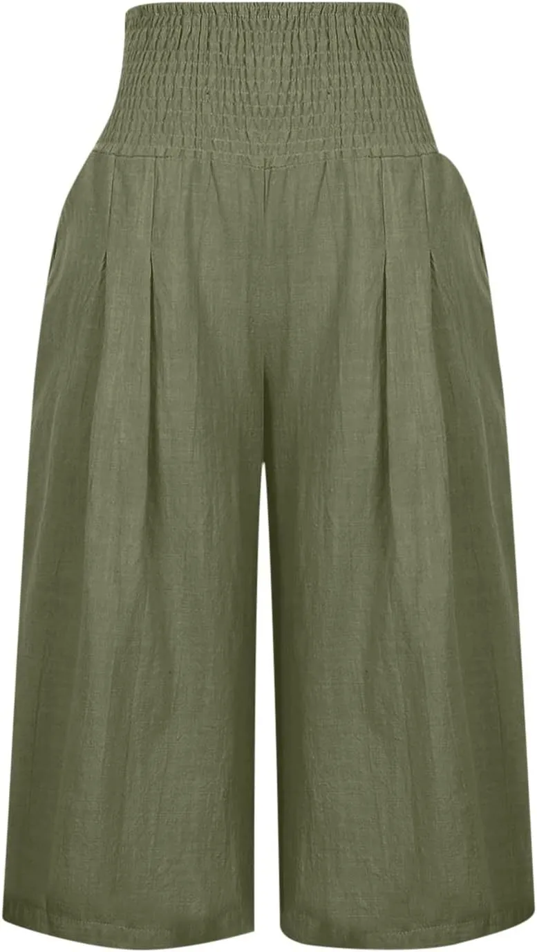 Linen Capri Pants for Women Elastic High Waisted Wide Leg Pant Baggy Lightweight Casual Summer Trendy Palazzo Trouser
