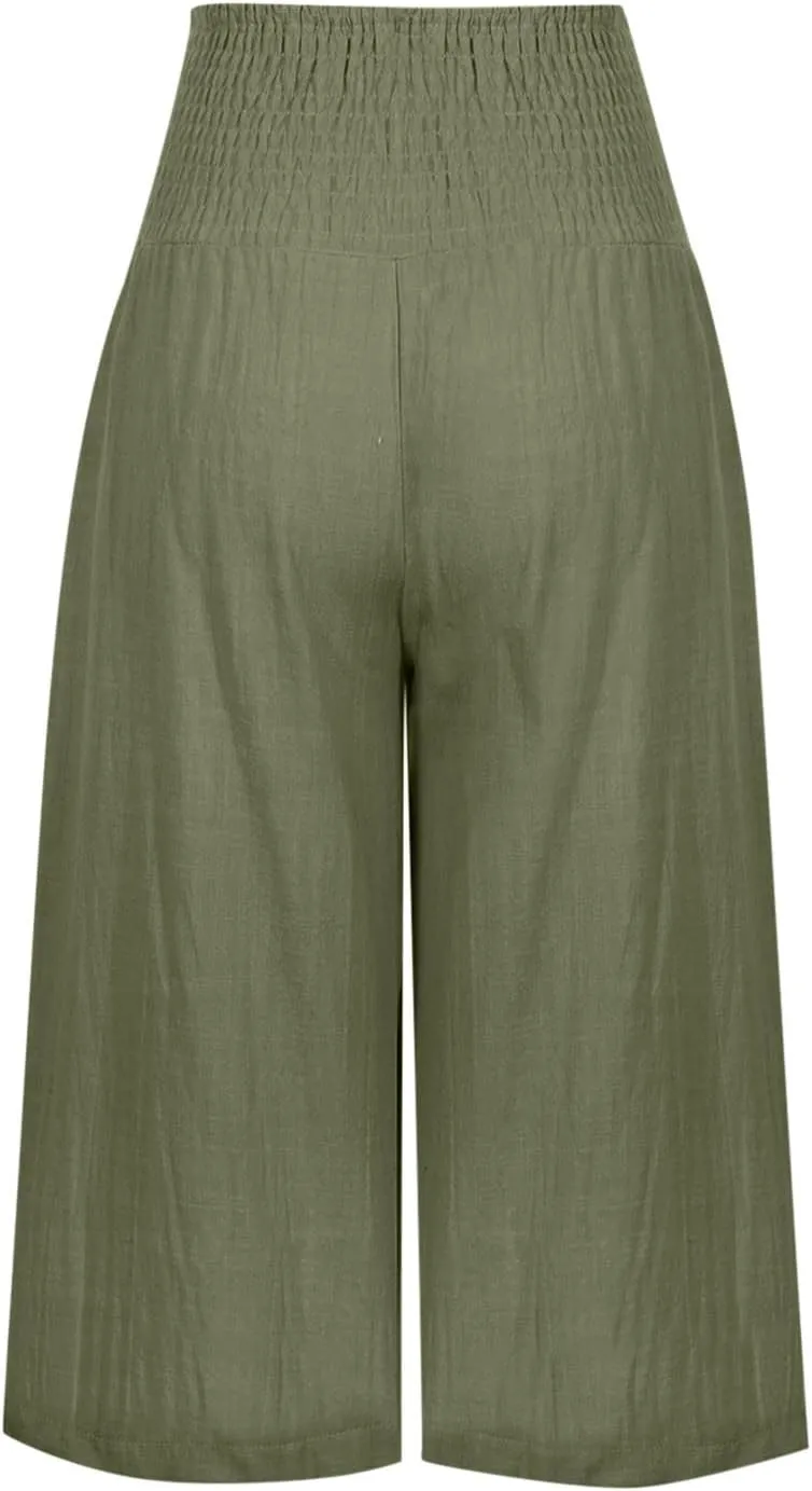Linen Capri Pants for Women Elastic High Waisted Wide Leg Pant Baggy Lightweight Casual Summer Trendy Palazzo Trouser