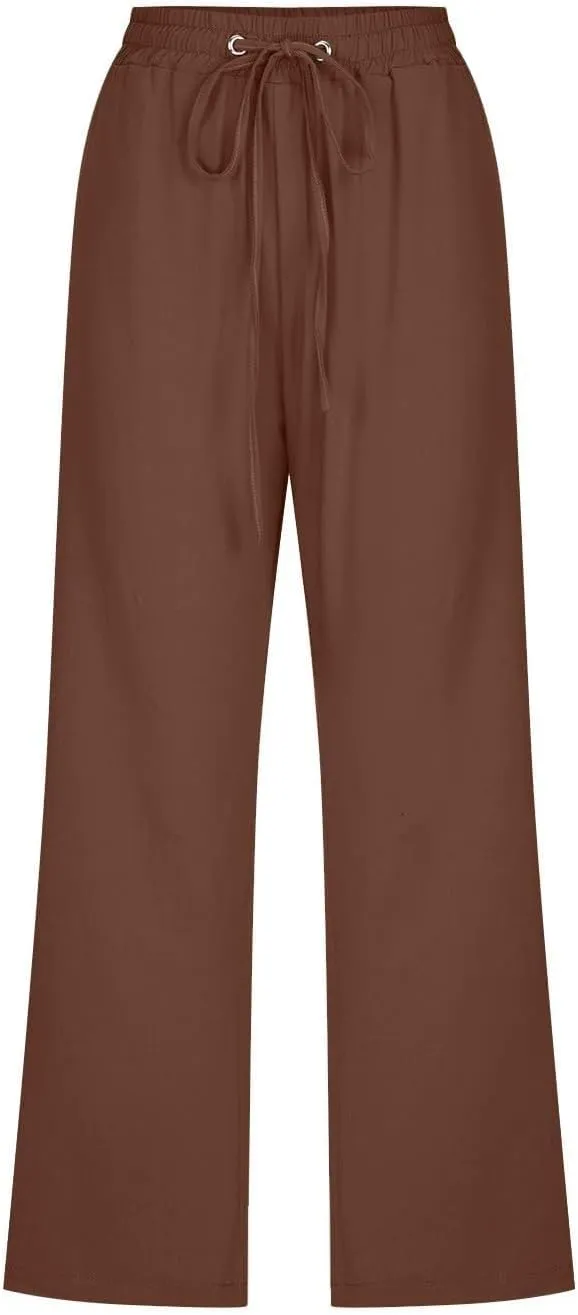 Linen Capri Pants for Women High Waist Casual Wide Straight Leg Trousers 2025 Summer Elastic Plus Size Lounge