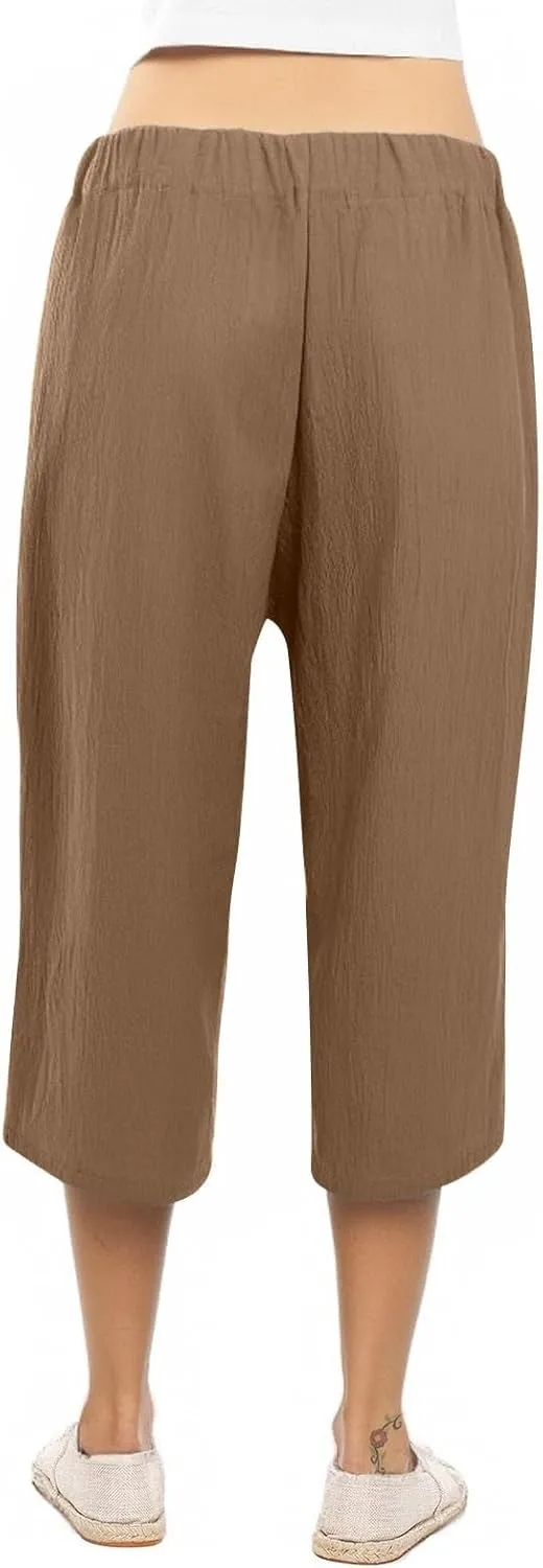 Linen Capri Pants for Women High Waist Casual Wide Straight Leg Trousers 2025 Summer Elastic Plus Size Lounge