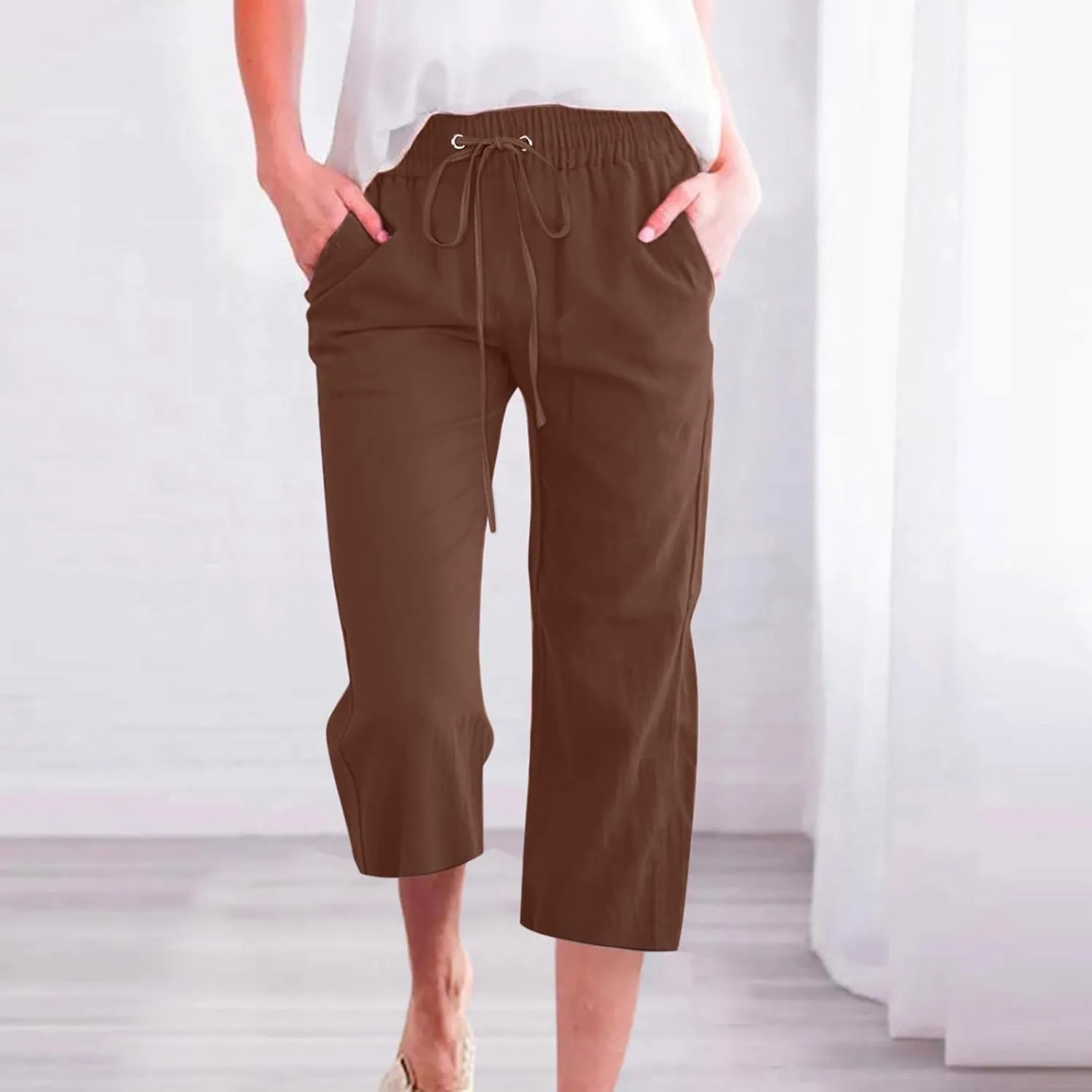 Linen Capri Pants for Women High Waist Casual Wide Straight Leg Trousers 2025 Summer Elastic Plus Size Lounge