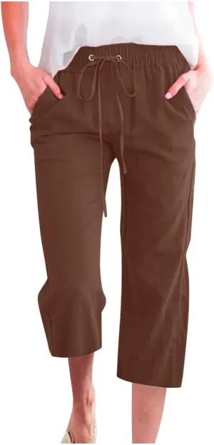 Linen Capri Pants for Women High Waist Casual Wide Straight Leg Trousers 2025 Summer Elastic Plus Size Lounge