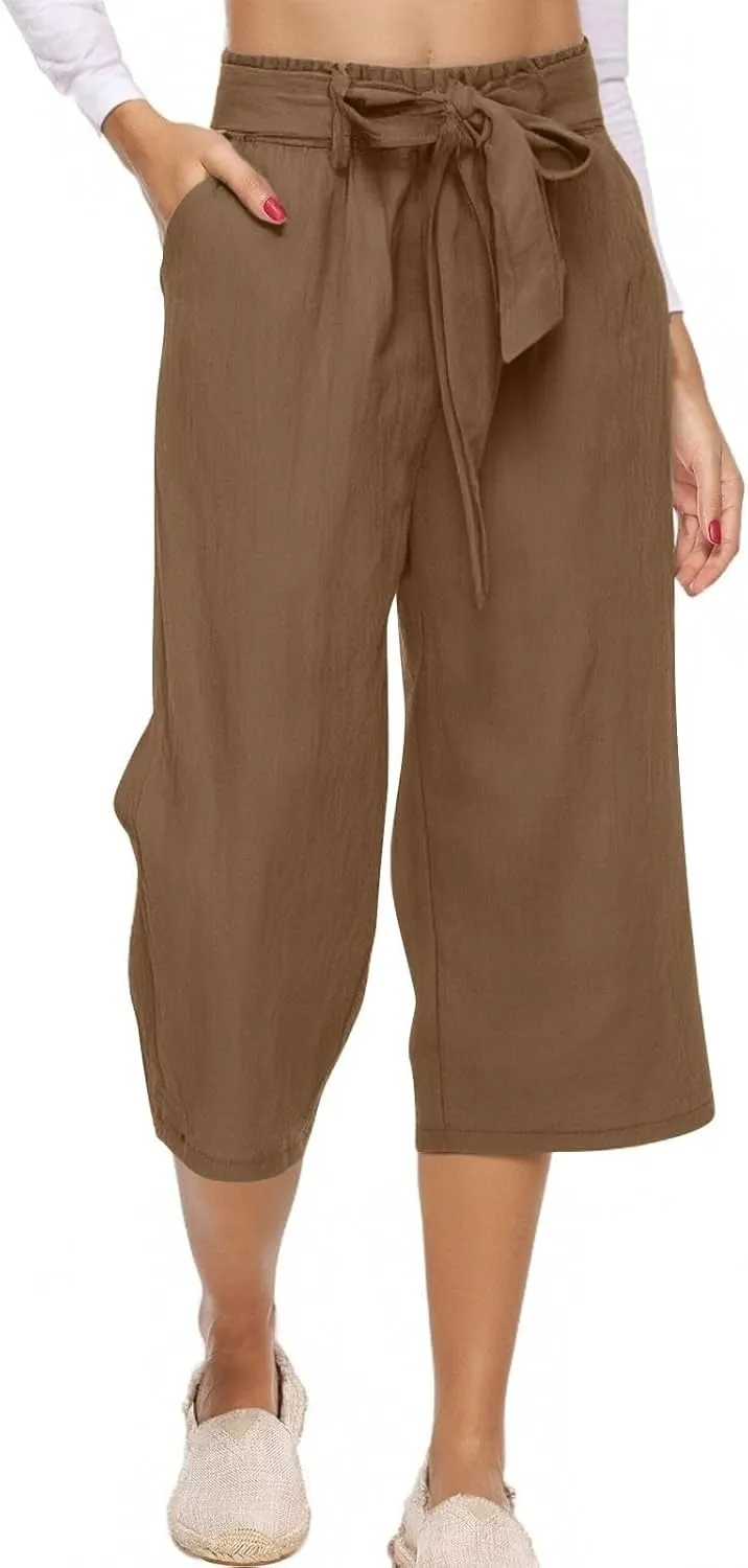 Linen Capri Pants for Women High Waist Casual Wide Straight Leg Trousers 2025 Summer Elastic Plus Size Lounge