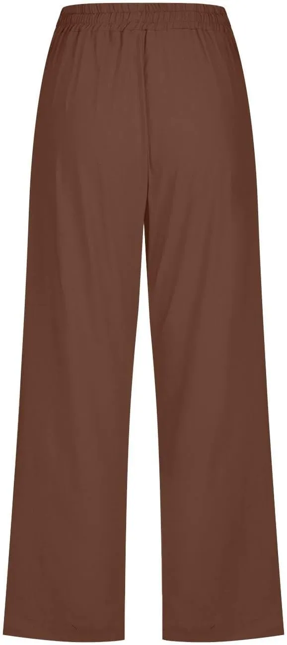 Linen Capri Pants for Women High Waist Casual Wide Straight Leg Trousers 2025 Summer Elastic Plus Size Lounge