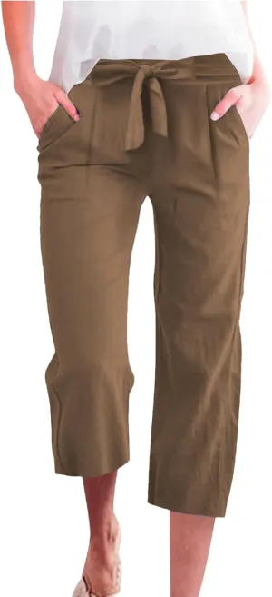 Linen Capri Pants for Women High Waist Casual Wide Straight Leg Trousers 2025 Summer Elastic Plus Size Lounge