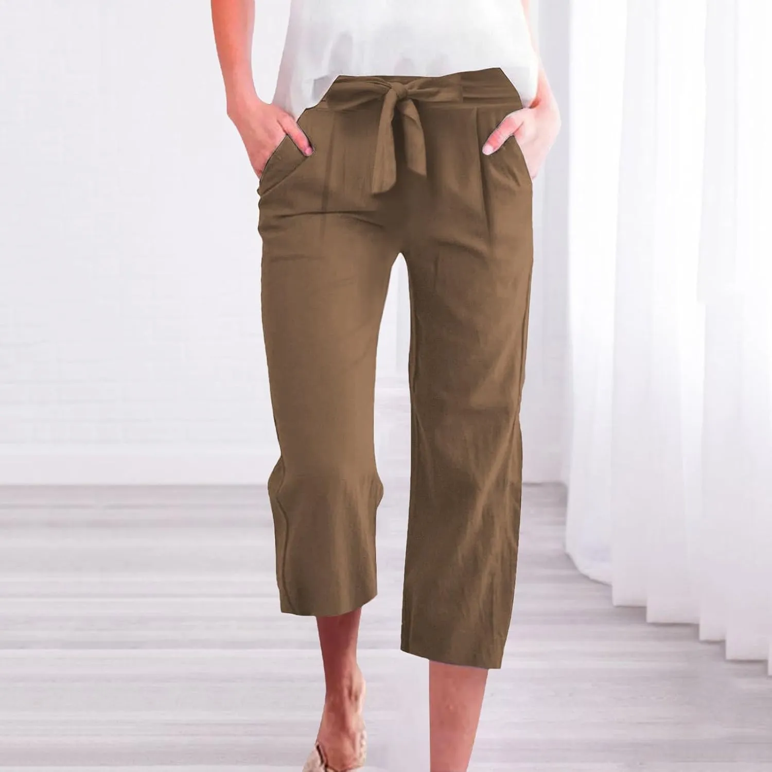 Linen Capri Pants for Women High Waist Casual Wide Straight Leg Trousers 2025 Summer Elastic Plus Size Lounge