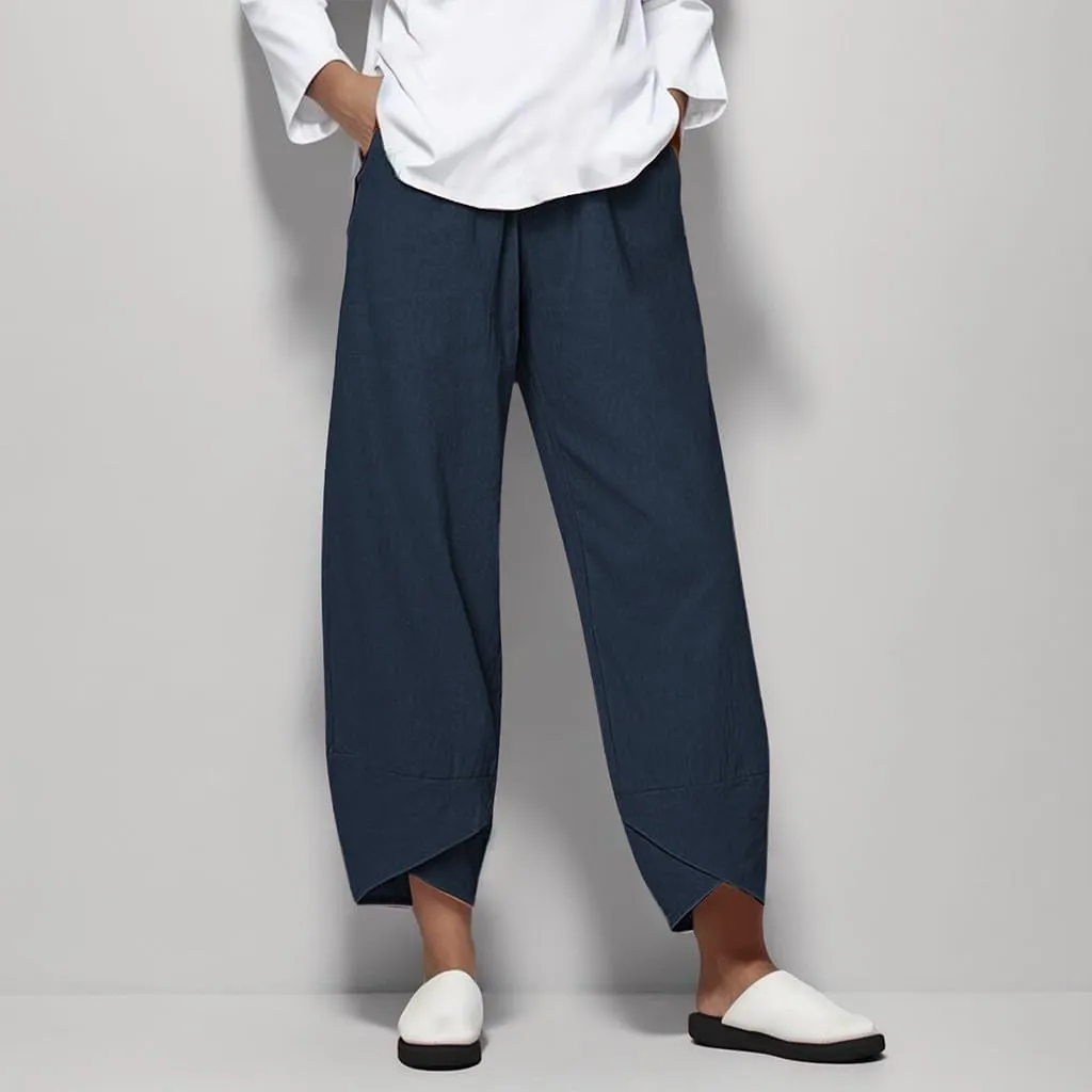 Linen Capris for Women Summer Pants Casual Pockets Cotton Linen Wide Leg Drawstring Elastic Waist Capris Crop Pants