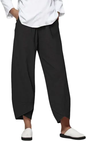 Linen Capris for Women Summer Pants Casual Pockets Cotton Linen Wide Leg Drawstring Elastic Waist Capris Crop Pants