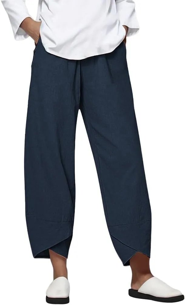 Linen Capris for Women Summer Pants Casual Pockets Cotton Linen Wide Leg Drawstring Elastic Waist Capris Crop Pants