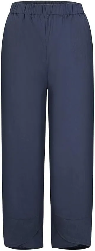 Linen Capris for Women Summer Pants Casual Pockets Cotton Linen Wide Leg Drawstring Elastic Waist Capris Crop Pants