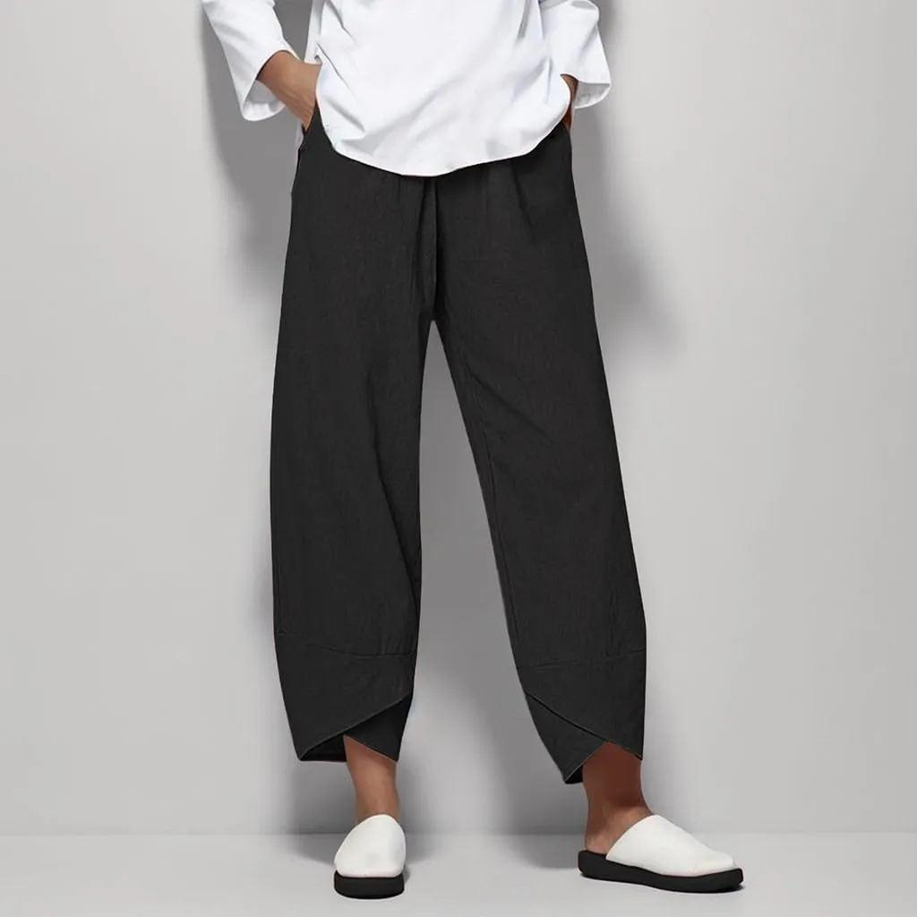 Linen Capris for Women Summer Pants Casual Pockets Cotton Linen Wide Leg Drawstring Elastic Waist Capris Crop Pants