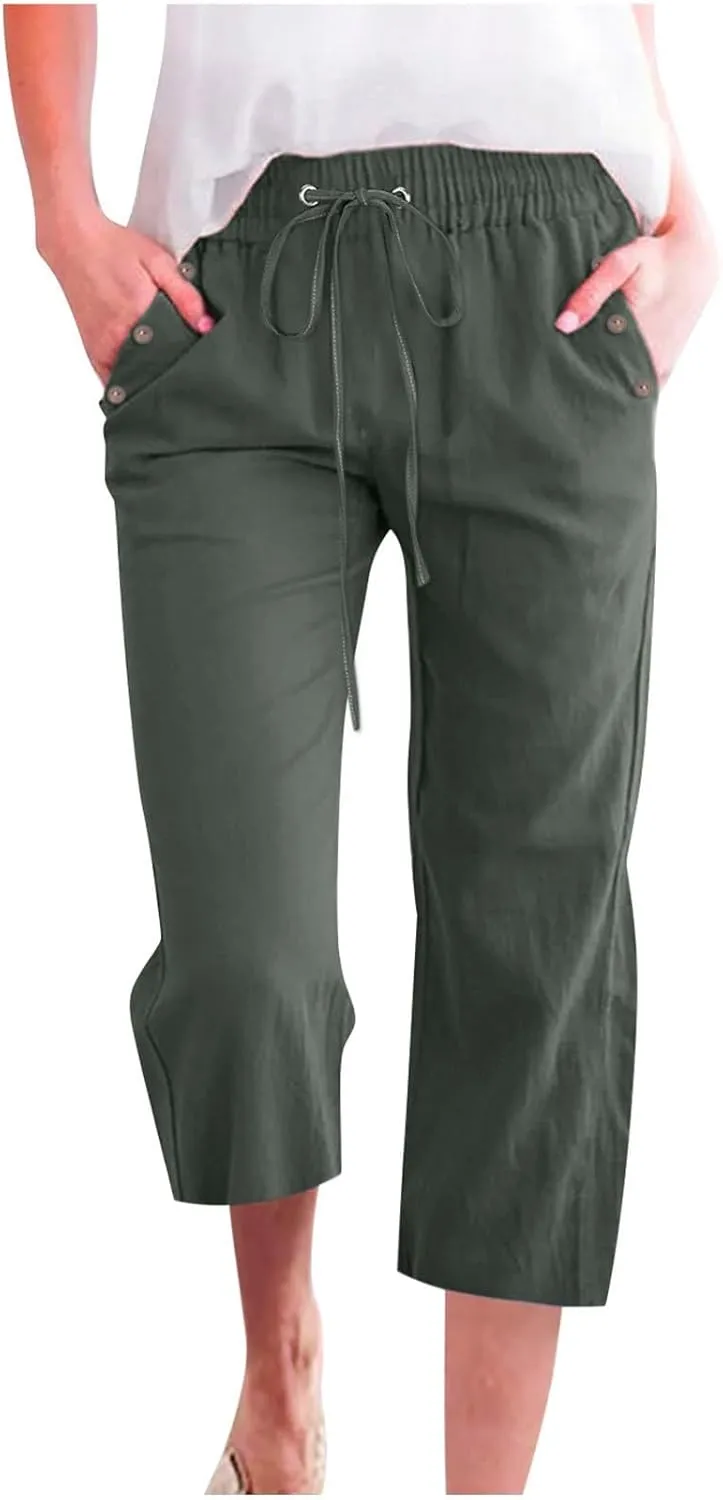 Linen Capris Pants Women High Waist Drawstring Comfy Casual Lightweight Wide Leg Cropped Trousers 2025 Beach Vacation Outfits