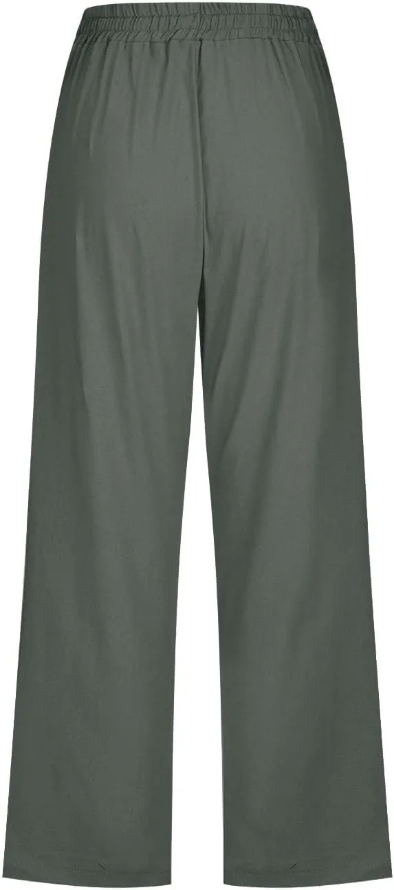 Linen Capris Pants Women High Waist Drawstring Comfy Casual Lightweight Wide Leg Cropped Trousers 2025 Beach Vacation Outfits