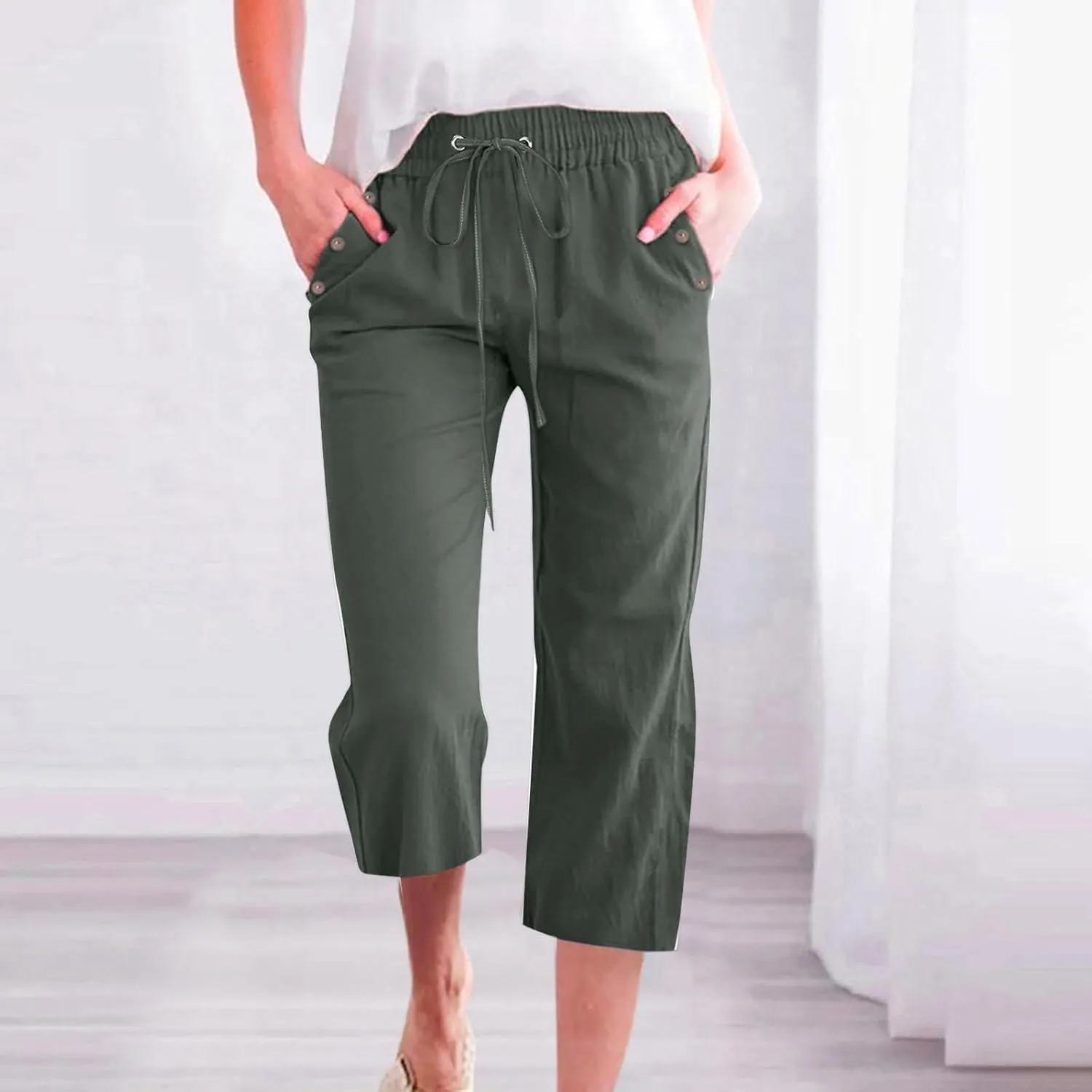 Linen Capris Pants Women High Waist Drawstring Comfy Casual Lightweight Wide Leg Cropped Trousers 2025 Beach Vacation Outfits