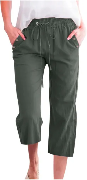 Linen Capris Pants Women High Waist Drawstring Comfy Casual Lightweight Wide Leg Cropped Trousers 2025 Beach Vacation Outfits