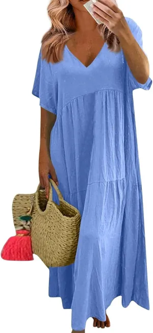 Linen Dress for Women Summer Short Sleeve V Neck Plus Size Maxi Casual Flowy Loose Long Vacation Beach Dresses