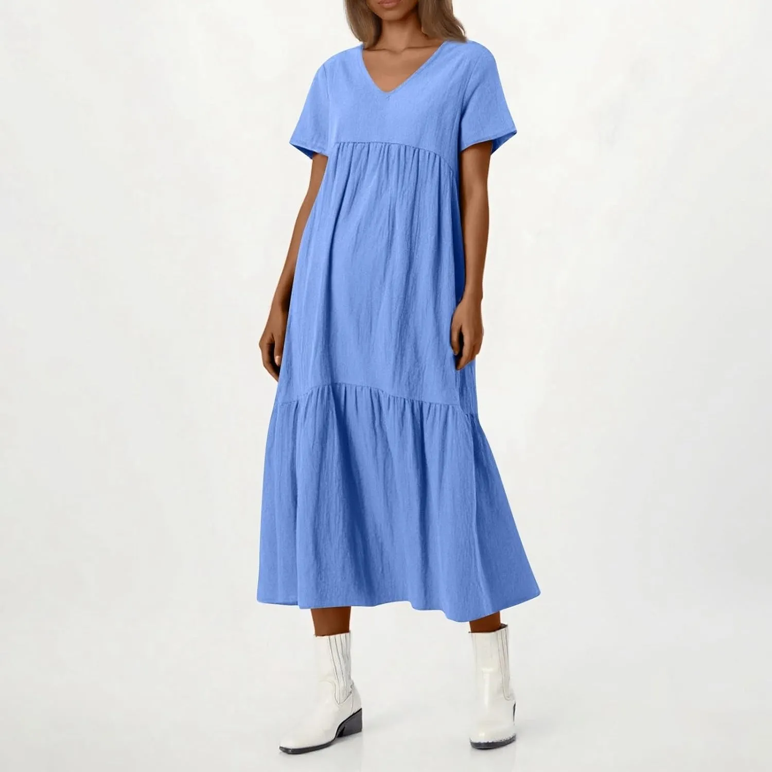 Linen Dress for Women Summer Short Sleeve V Neck Plus Size Maxi Casual Flowy Loose Long Vacation Beach Dresses