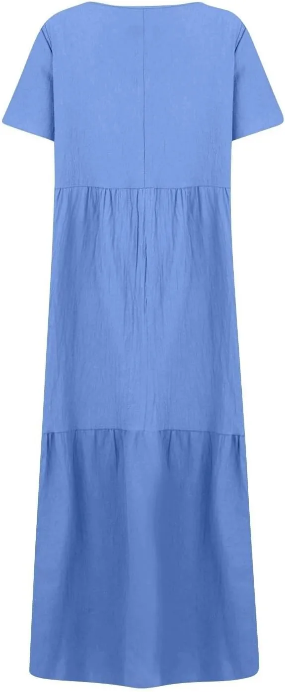 Linen Dress for Women Summer Short Sleeve V Neck Plus Size Maxi Casual Flowy Loose Long Vacation Beach Dresses