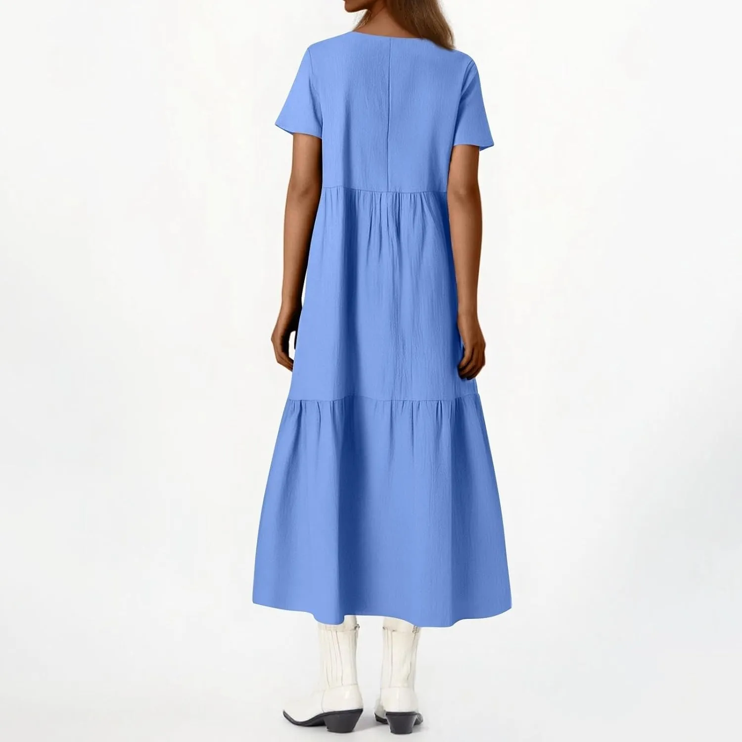 Linen Dress for Women Summer Short Sleeve V Neck Plus Size Maxi Casual Flowy Loose Long Vacation Beach Dresses