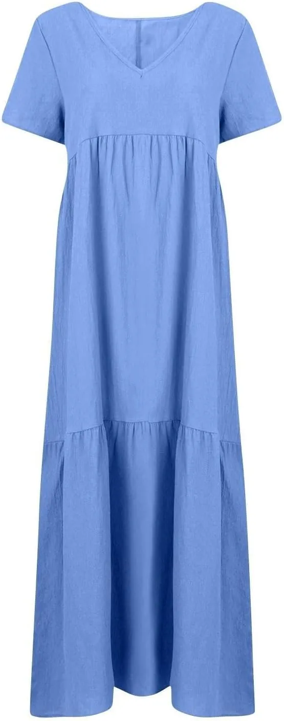 Linen Dress for Women Summer Short Sleeve V Neck Plus Size Maxi Casual Flowy Loose Long Vacation Beach Dresses
