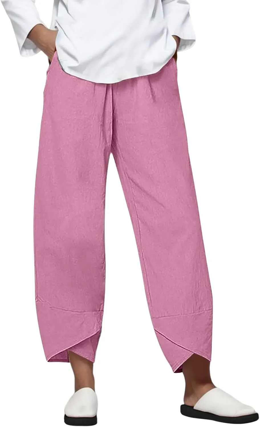 Linen Pants for Women Petite Length Loose Fitting Lightweight Joggers High Waisted Cropped Pants with Pockets
