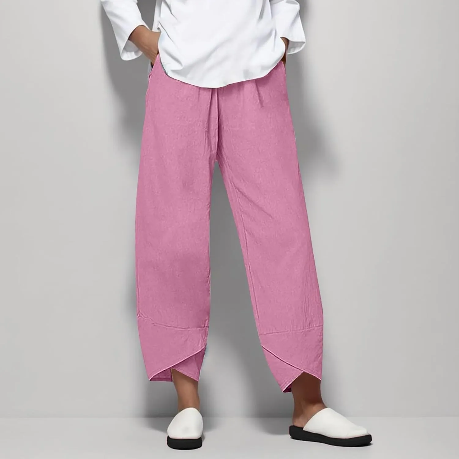 Linen Pants for Women Petite Length Loose Fitting Lightweight Joggers High Waisted Cropped Pants with Pockets
