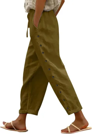 Linen Pants for Women Side Button Summer Trendy Elastic Waist Straight Leg Loose Casual Cropped Trousers with Pockets