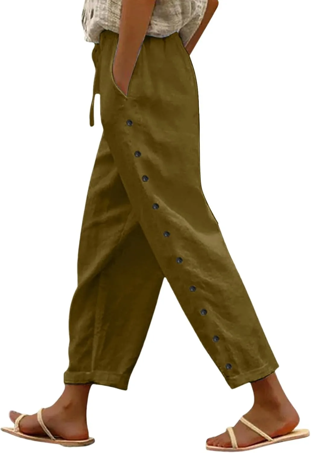 Linen Pants for Women Side Button Summer Trendy Elastic Waist Straight Leg Loose Casual Cropped Trousers with Pockets