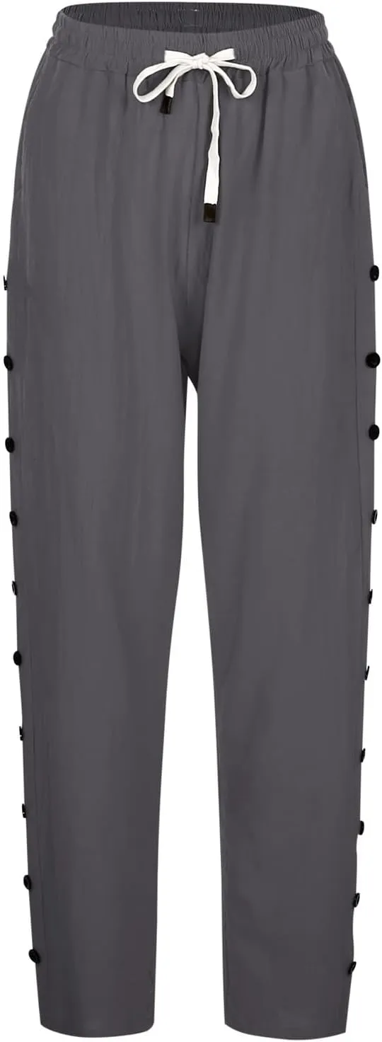 Linen Pants for Women Side Button Summer Trendy Vacation Elastic Waist Straight Leg Capris Casual Cropped Trousers