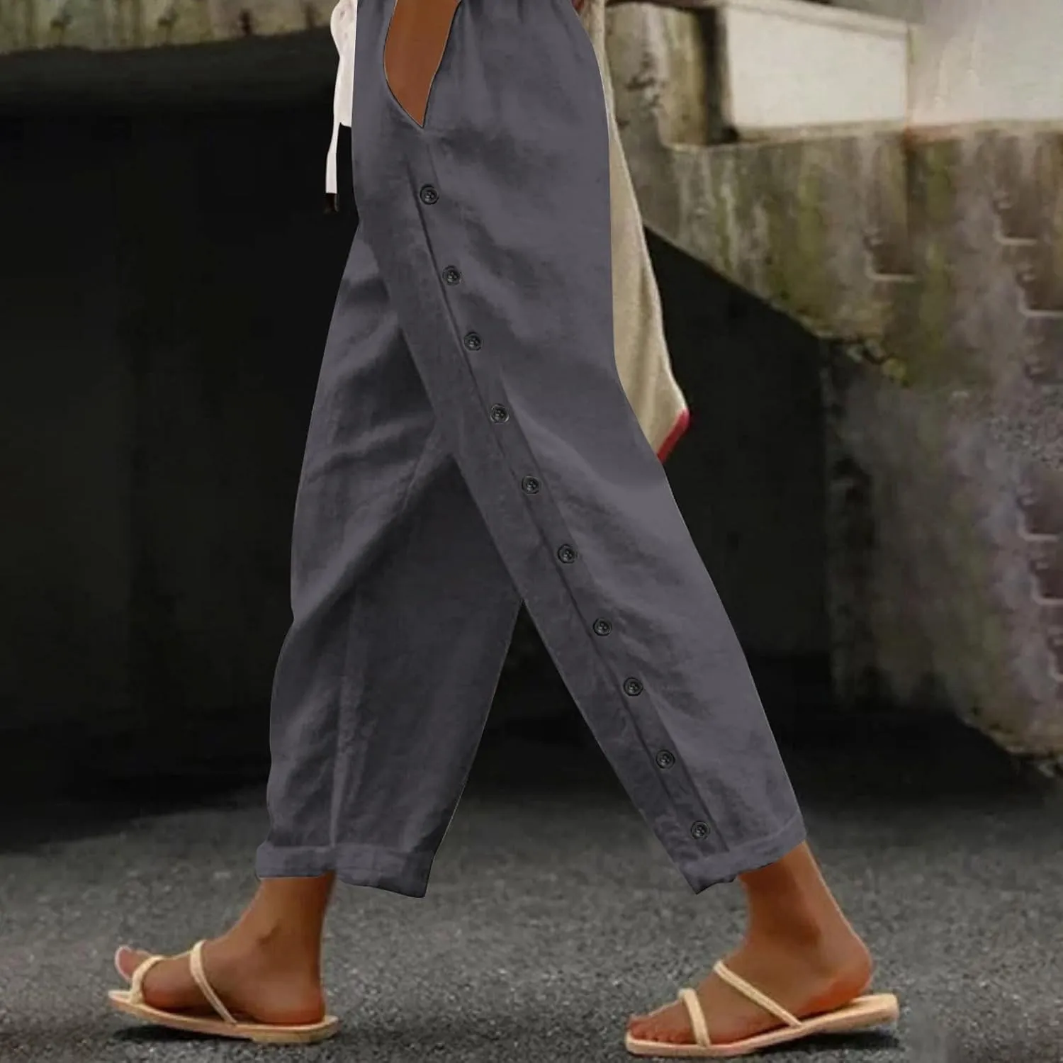 Linen Pants for Women Side Button Summer Trendy Vacation Elastic Waist Straight Leg Capris Casual Cropped Trousers