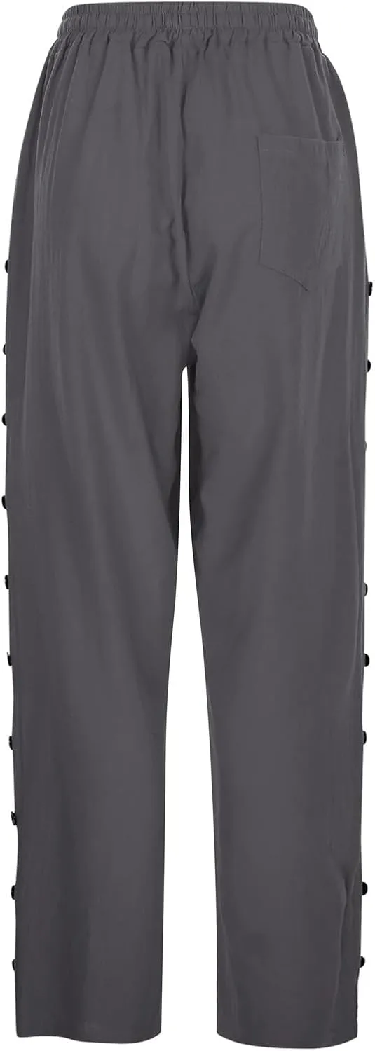 Linen Pants for Women Side Button Summer Trendy Vacation Elastic Waist Straight Leg Capris Casual Cropped Trousers