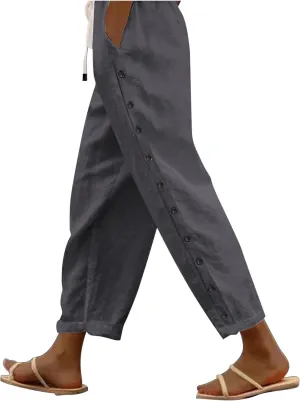 Linen Pants for Women Side Button Summer Trendy Vacation Elastic Waist Straight Leg Capris Casual Cropped Trousers
