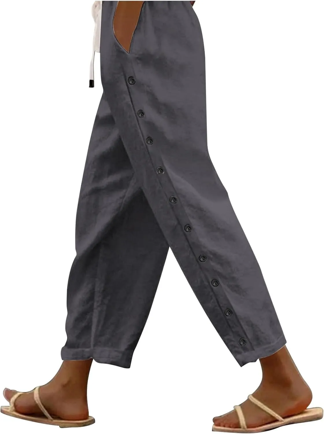 Linen Pants for Women Side Button Summer Trendy Vacation Elastic Waist Straight Leg Capris Casual Cropped Trousers
