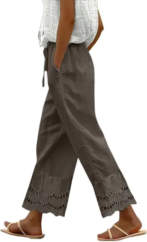 Linen Pants for Women Summer High Waist Elastic Straight Leg Lounge Pant 2025 Loose Lightweight Beach Trousers