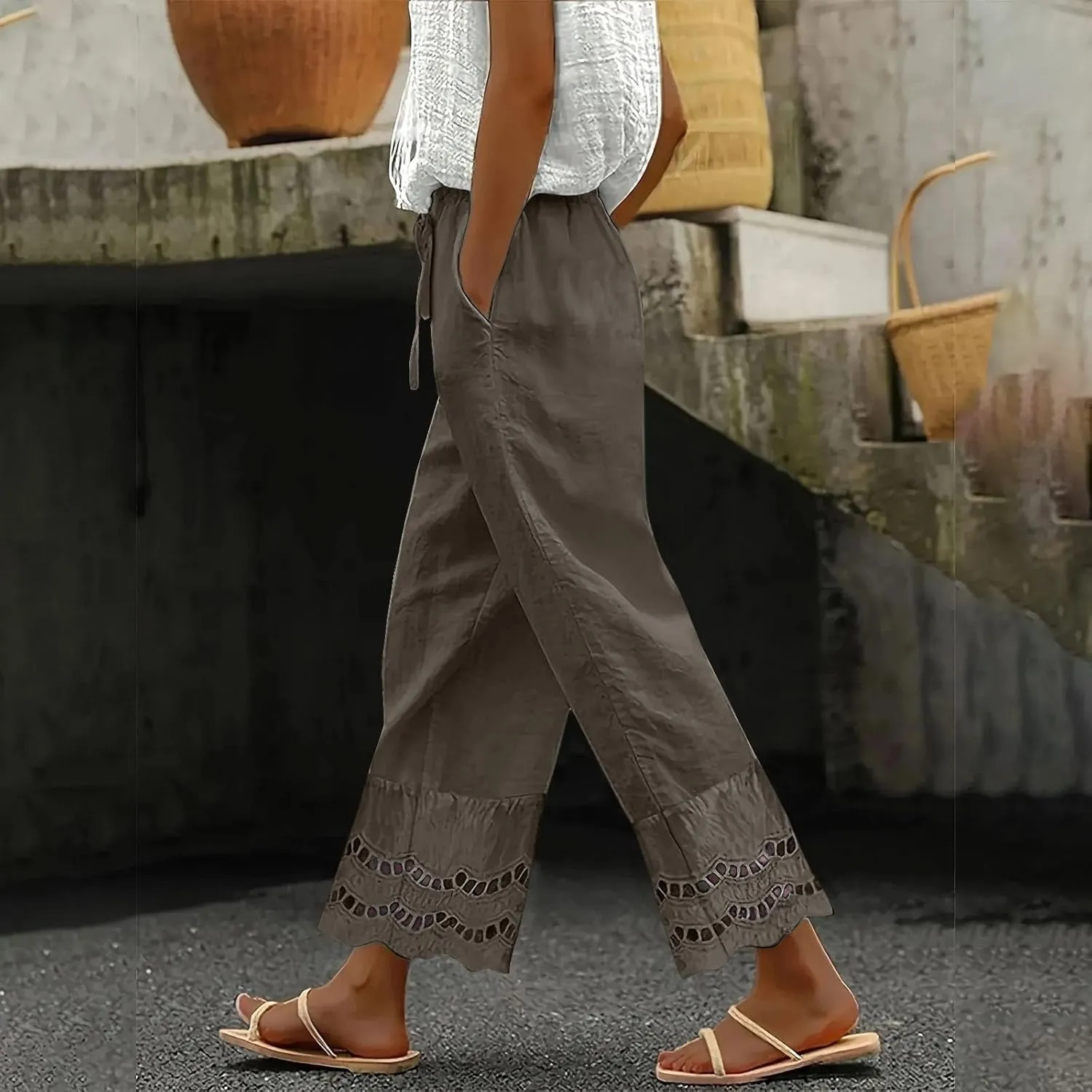 Linen Pants for Women Summer High Waist Elastic Straight Leg Lounge Pant 2025 Loose Lightweight Beach Trousers