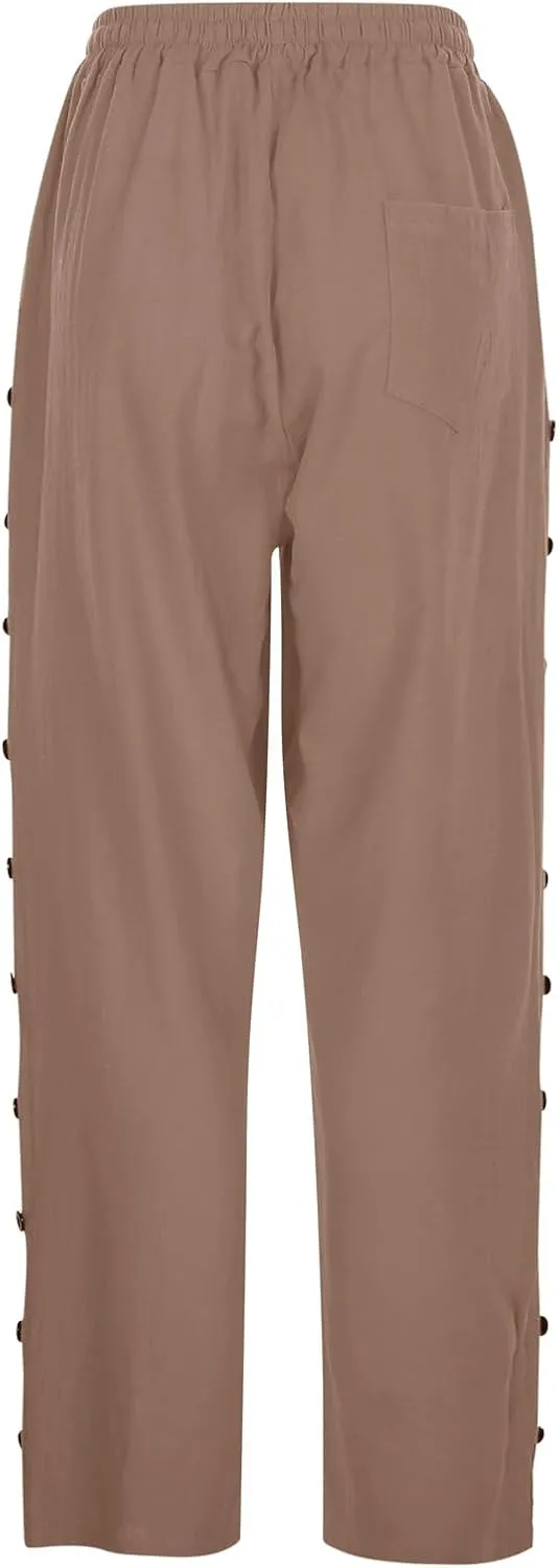 Linen Pants Women 2025 Summer Trendy Vacation Side Button Elastic Waist Straight Leg Capris Casual Cropped Trousers