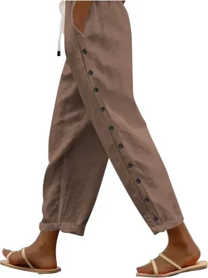 Linen Pants Women 2025 Summer Trendy Vacation Side Button Elastic Waist Straight Leg Capris Casual Cropped Trousers