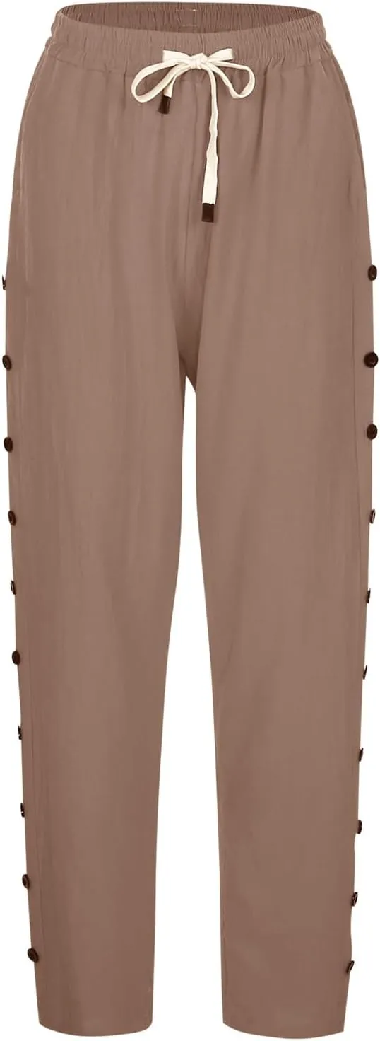 Linen Pants Women 2025 Summer Trendy Vacation Side Button Elastic Waist Straight Leg Capris Casual Cropped Trousers
