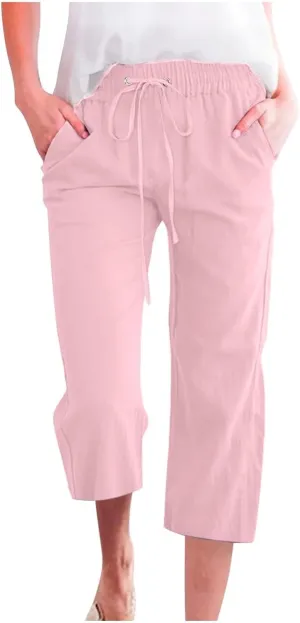 Linen Pants Women Capri Leg Pants Drawstring Elastic Trousers Comfy Straight Leg Capri Trousers 2025 Vacation