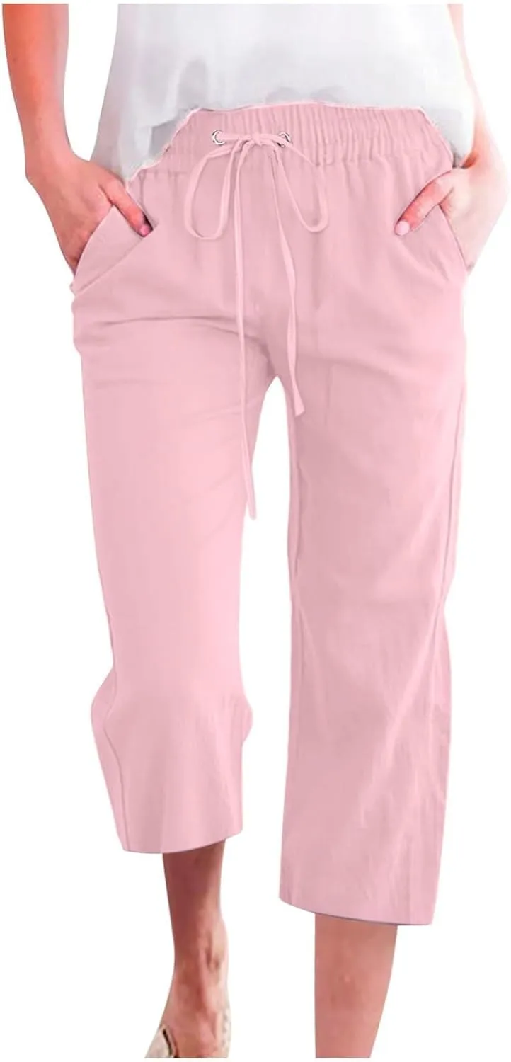Linen Pants Women Capri Leg Pants Drawstring Elastic Trousers Comfy Straight Leg Capri Trousers 2025 Vacation
