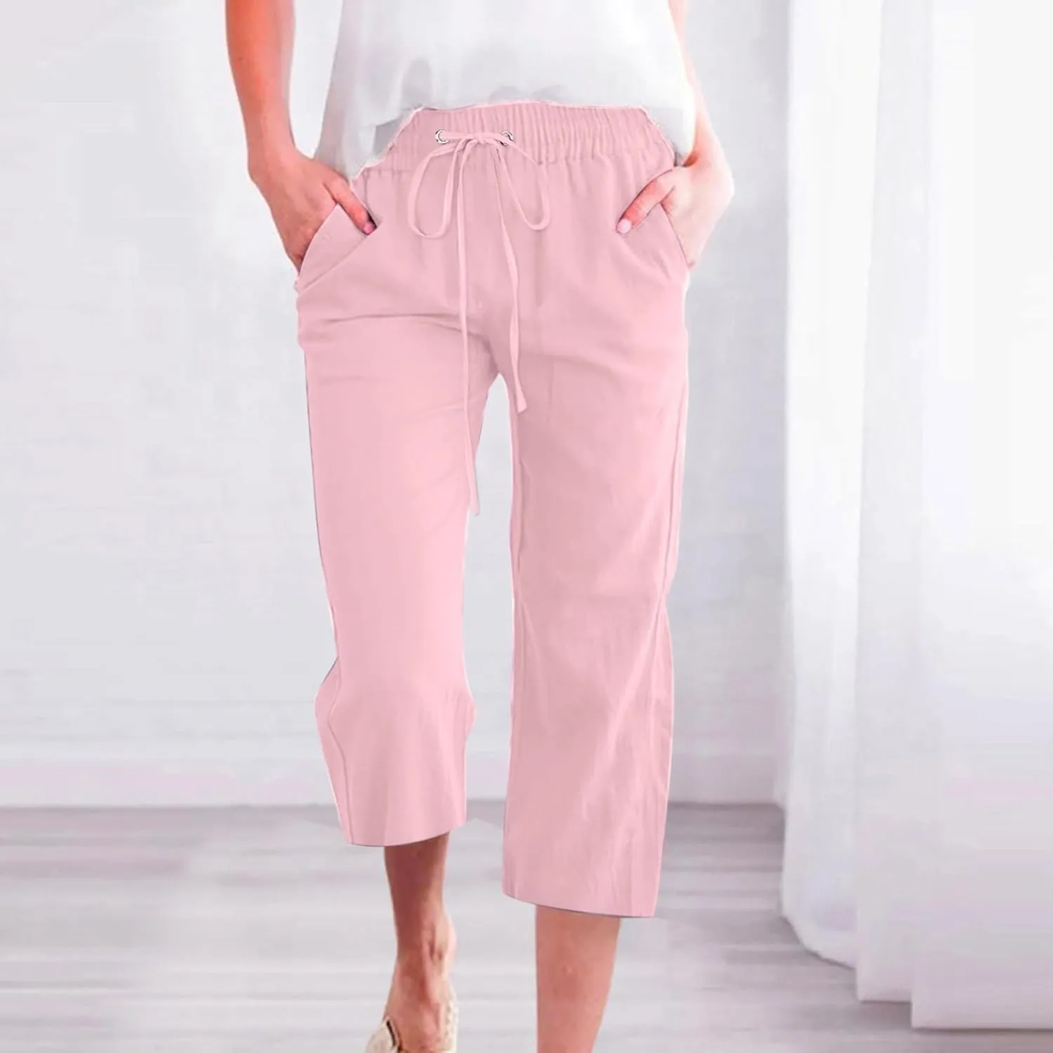 Linen Pants Women Capri Leg Pants Drawstring Elastic Trousers Comfy Straight Leg Capri Trousers 2025 Vacation